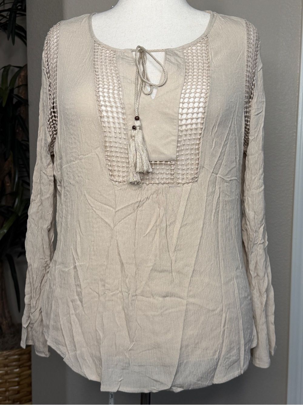 Joseph A Beige Crochet-Trim Peasant Tunic